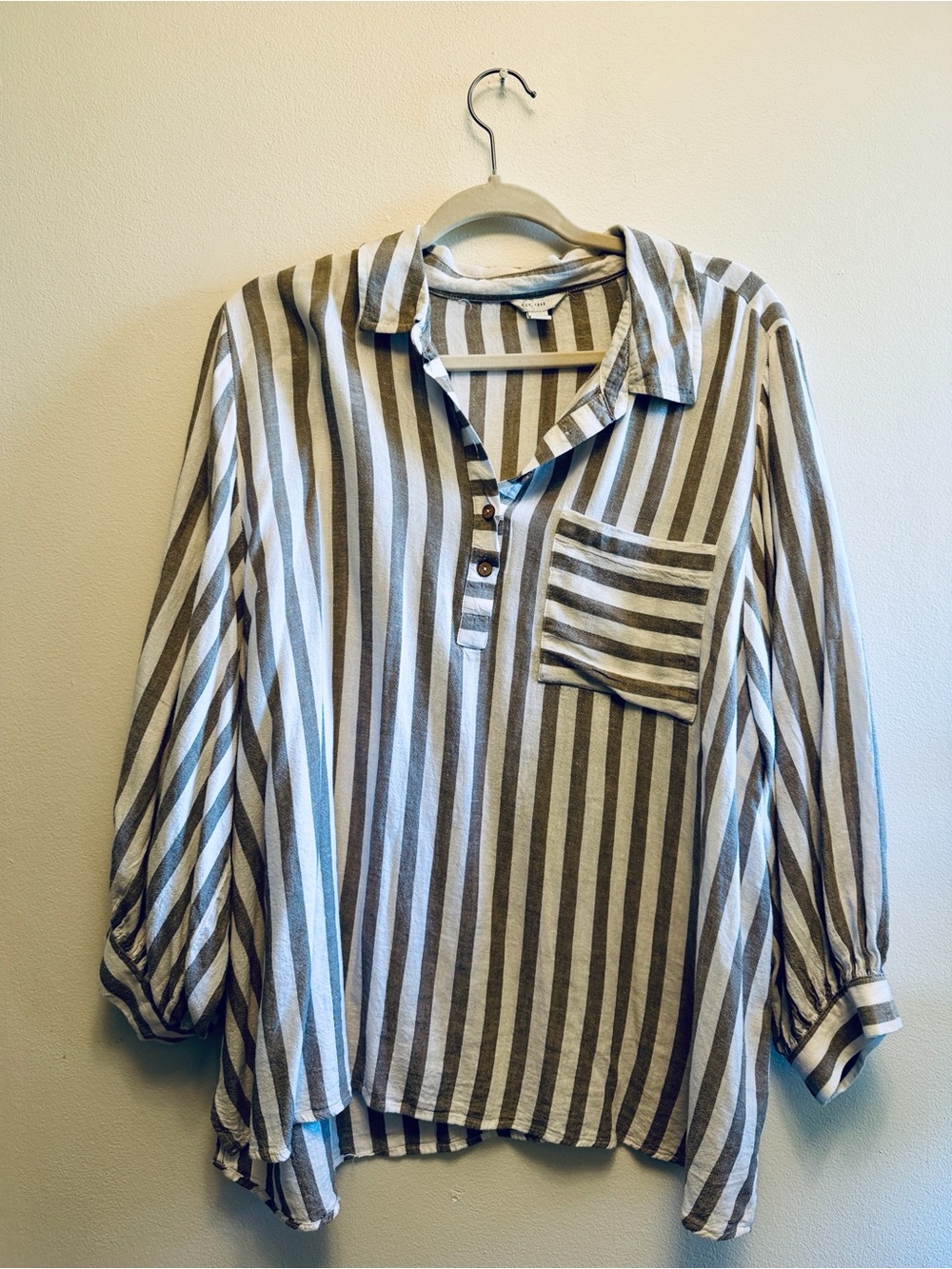 Woven Striped Button-Down Blouse - White & Brown